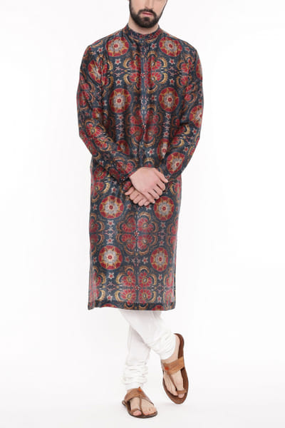 Teal and red printed kurta set