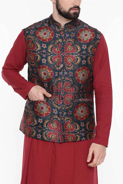 Red and green chanderi jacket