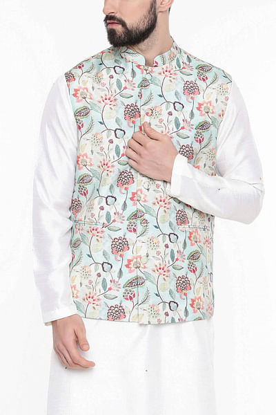 Green silk muslin Nehru jacket