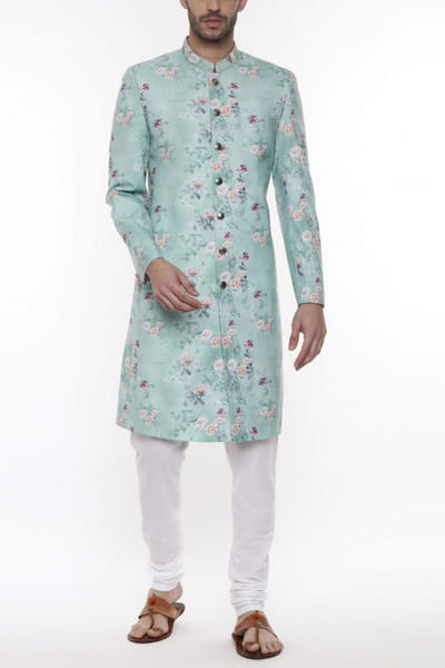 Sea green printed sherwani set