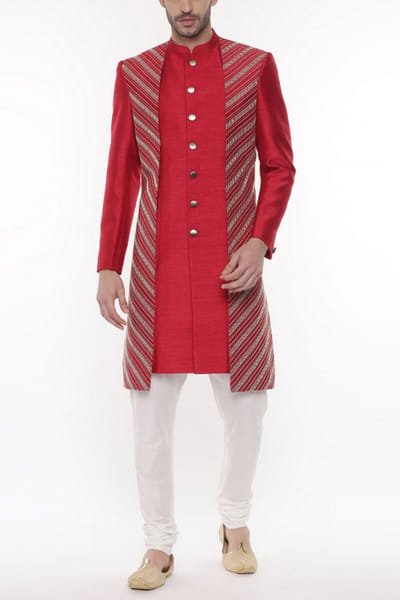 Red embroidered sherwani set