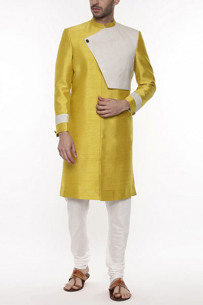 Yellow silk sherwani set