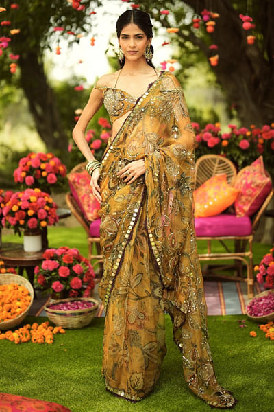 Old gold floral embroidery pre-draped sari set