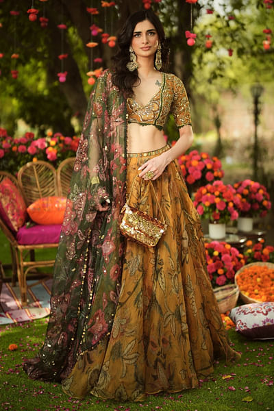Old gold floral hand embroidered lehenga set