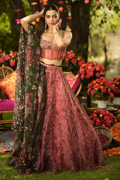 Bubblegum-green embroidered corset lehenga set