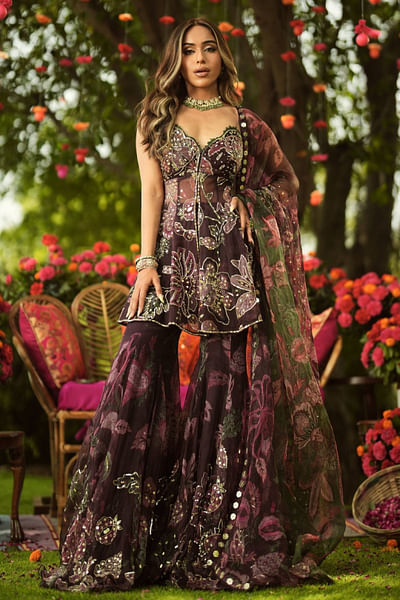 Burgundy floral embroidered peplum sharara set