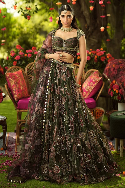 Pine green floral embroidered lehenga set