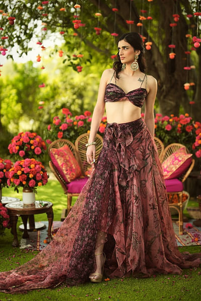Burgundy-bubblegum print bralette lehenga set