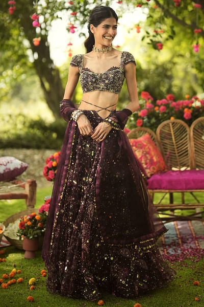 Burgundy floral hand embroidered lehenga set