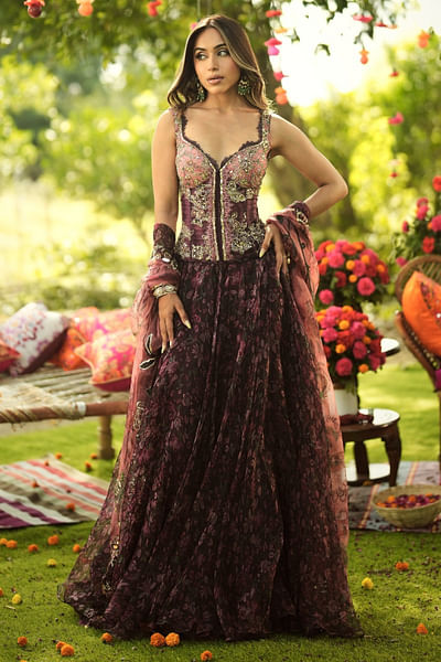 Burgundy print embroidered corset lehenga set