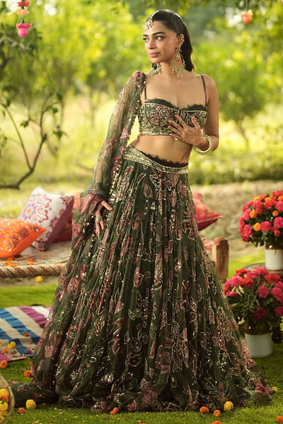 Pine green embroidered bralette lehenga set