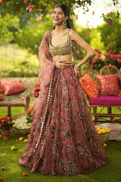 Bubblegum-gold floral embroidered lehenga set