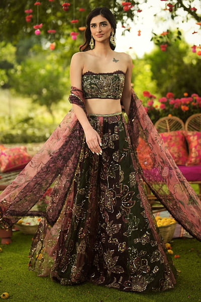 Burgundy and bubblegum embroidered sharara set
