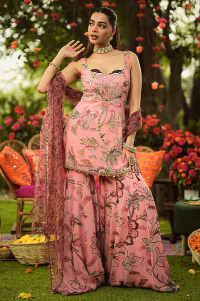 Warm bubblegum floral embroidered sharara set