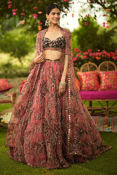 Warm bubblegum floral embroidered lehenga set