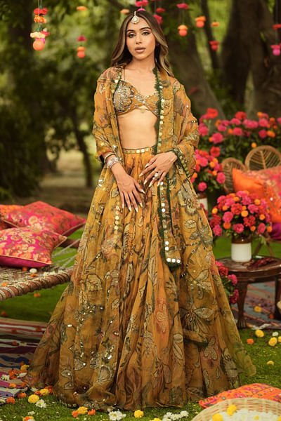 Old gold floral embroidered lehenga set