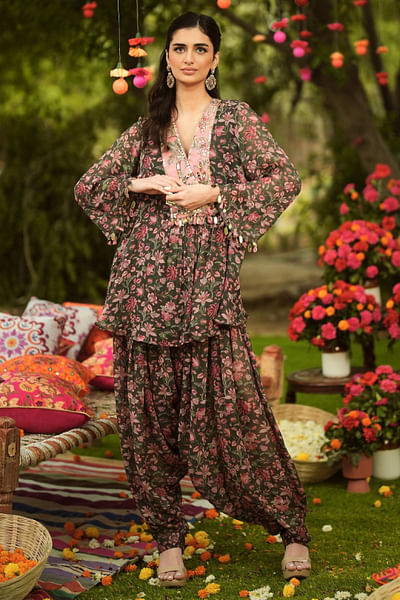 Pine green floral print embroidered kurta set