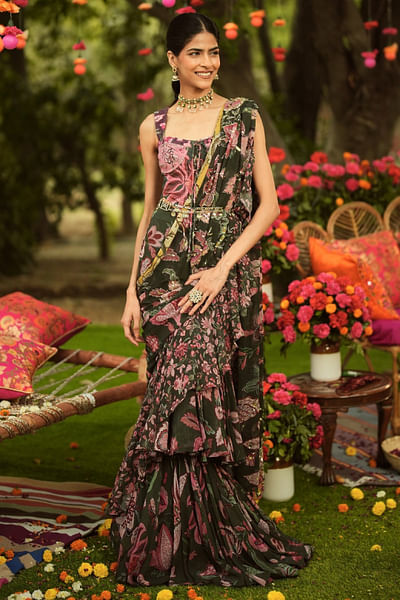 Green embroidered pre-draped ruffle sari set