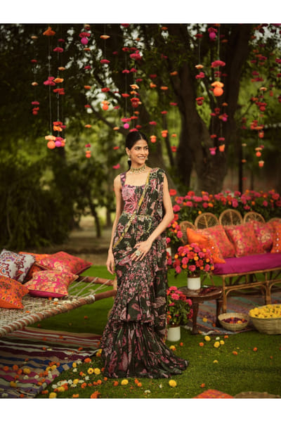 Pine green floral printed corset top