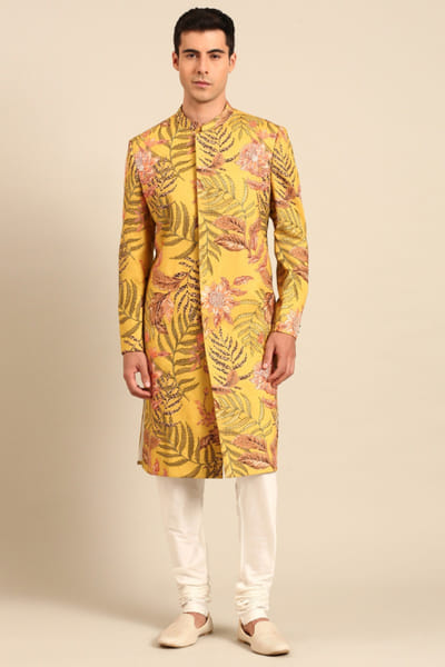 Yellow printed cotton sherwani