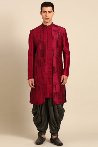 Maroon and black embroidered sherwani set