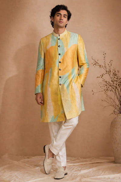Mayank Modi Yellow printed muslin sherwani MAYAAUG26D151631