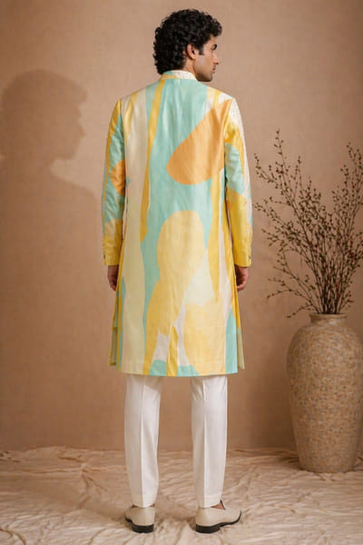 Mayank Modi Yellow printed muslin sherwani MAYAAUG26D151631