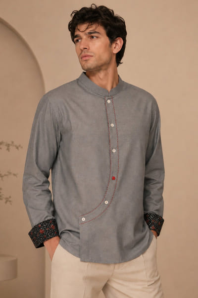 Mayank Modi Grey and blue malai cotton short kurta MAYAAUG26D151613