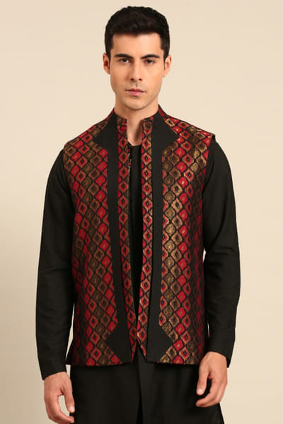 Black and maroon printed silk jacquard jacket