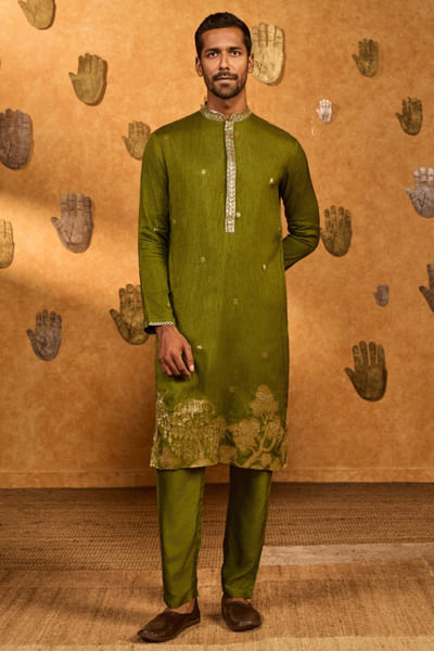 Green jacquard kurta set
