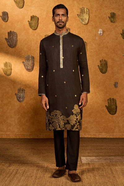 Black jacquard kurta set