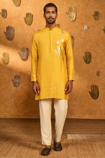 Ochre yellow foil printed kurta set