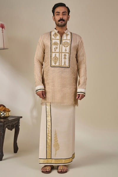 Masaba Gold-ivory embroidered striped short kurta set MASAAUG26D151827