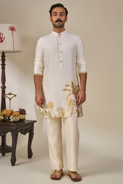 Masaba Ivory gold foil print pinstripe kurta set MASAAUG26D151823