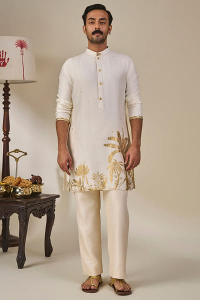 Masaba Ivory gold foil print pinstripe kurta MASAAUG26D151822