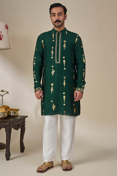 Masaba Bottle green foil print embroidered kurta set MASAAUG26D151821