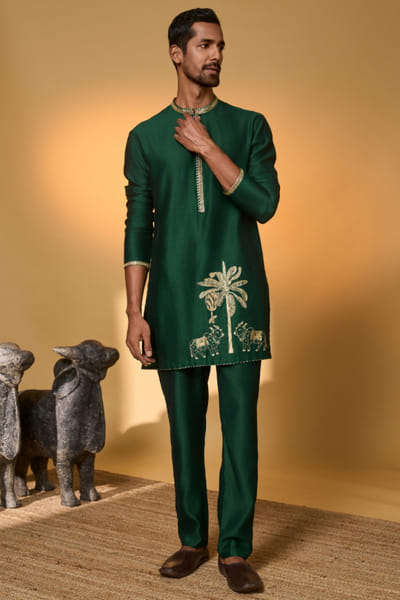 Green embellished kurta set