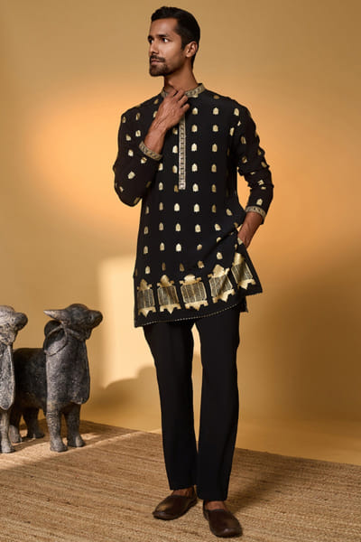 Black foil printed kurta set