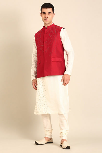 Red silk nehru jacket