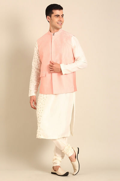Baby pink embroidered nehru jacket