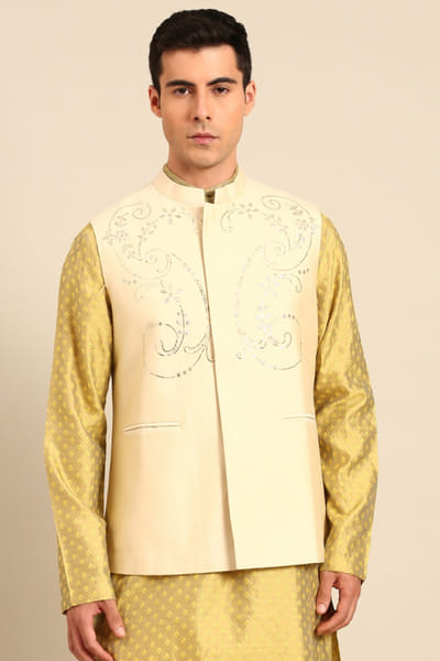 Beige embroidered silk cotton Nehru jacket
