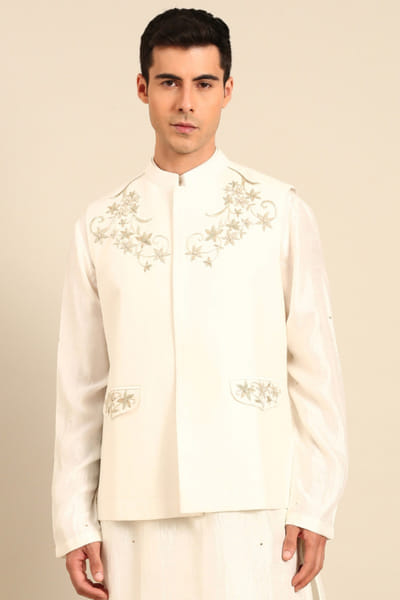 Ivory embroidered silk cotton Nehru jacket