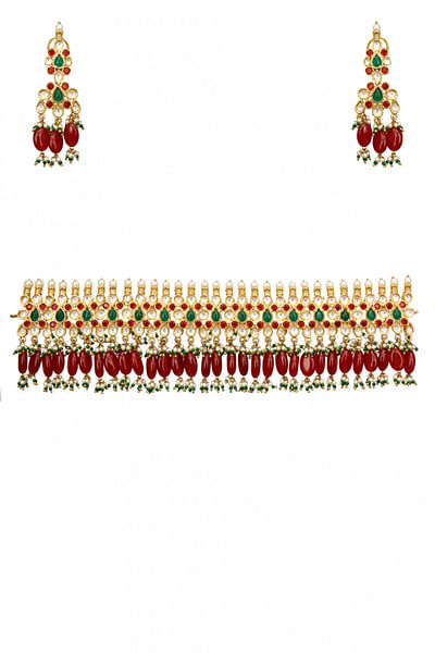 Gold red and green necklace set