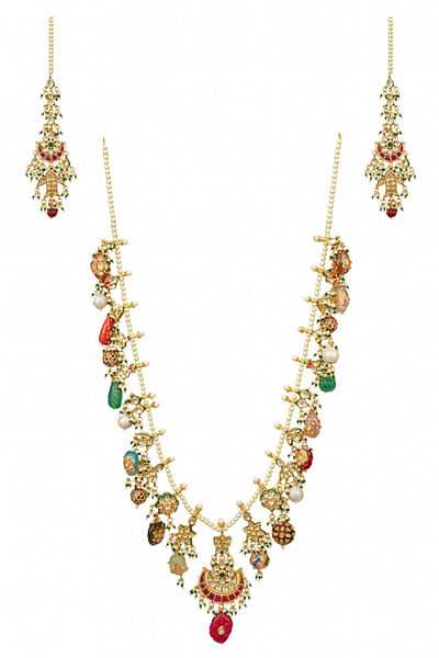 Multicoloured meenakari and beads accented necklace set