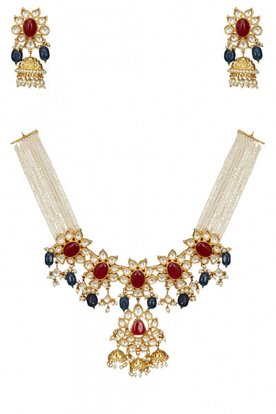 Blue and red kundan necklace set
