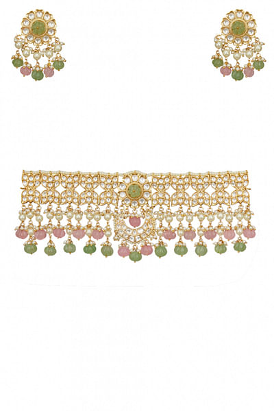 Light green and pink embellished necklace set