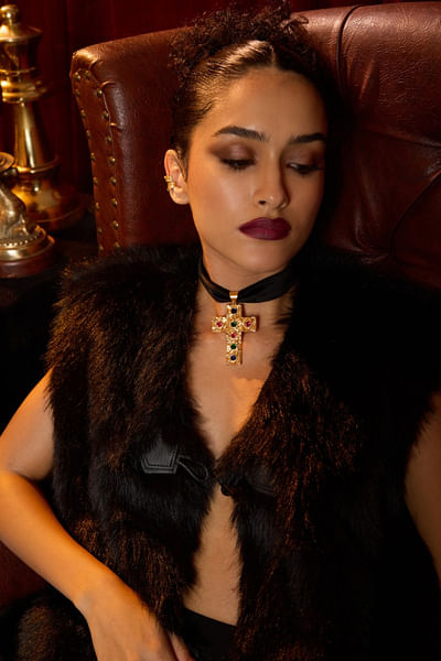 Gold embellished cross choker