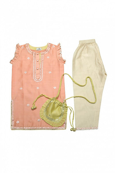 Peach kurta set and potli bag