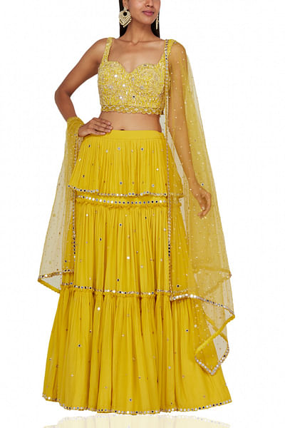 Yellow embellished tiered lehenga