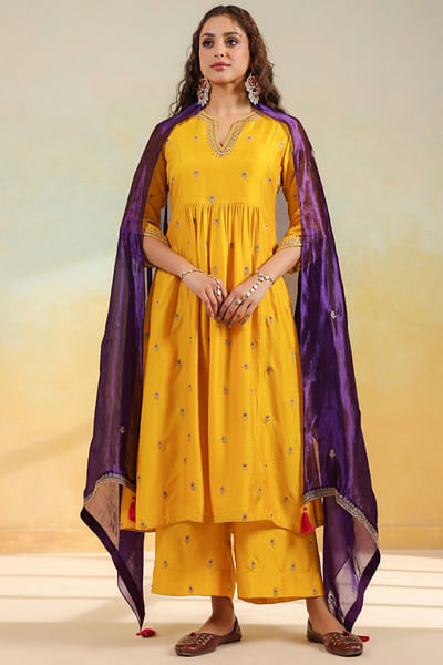 Yellow zardozi embroidered kurta set